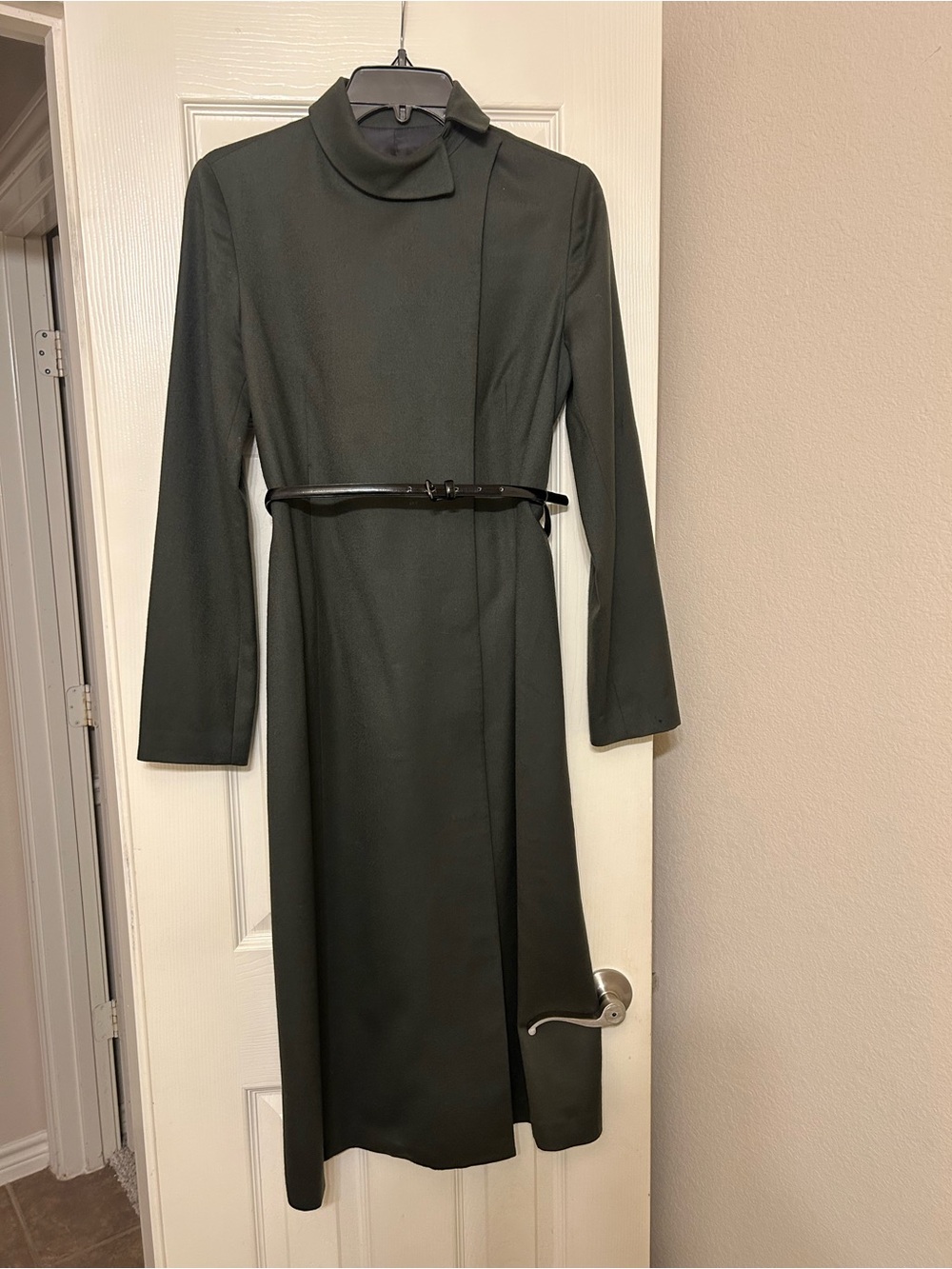 Mine Dark Green Long Sleeve Midi Coat Dress with Belt